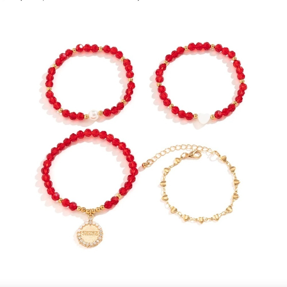 Red Beaded & Gold Heart Charm Bracelet Set – Layered Statement Look